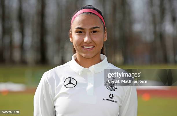 Miray Cin poses during the U17 Girl's Germany team presentation at Volksstadion on March 21, 2018 in Greifswald, Germany.