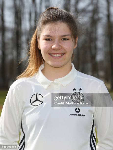 Pauline Berning poses during the U17 Girl's Germany team presentation at Volksstadion on March 21, 2018 in Greifswald, Germany.