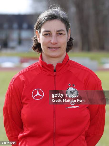 Head coach Anouschka Bernhard poses during the U17 Girl's Germany team presentation at Volksstadion on March 21, 2018 in Greifswald, Germany.