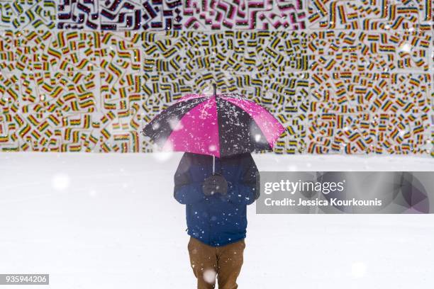 Pedestrian walks through snow and high winds on March 21, 2018 in Philadelphia, Pennsylvania. The fourth nor'easter in three weeks has forced school...