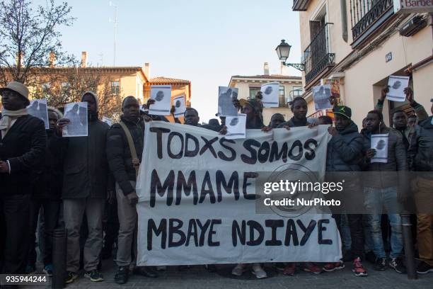 Protesters shout against racism and racist raids on 21 March 2018 in Madrid, Spain. AISE calls a demonstration in memory of the two Senegalese killed...