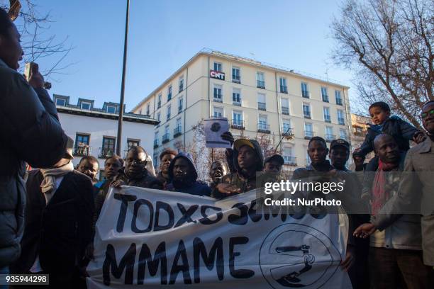 Protesters shout against racism and racist raids on 21 March 2018 in Madrid, Spain. AISE calls a demonstration in memory of the two Senegalese killed...