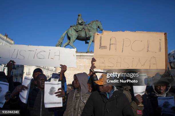 Protesters shout against racism and racist raids on 21 March 2018 in Madrid, Spain. AISE calls a demonstration in memory of the two Senegalese killed...