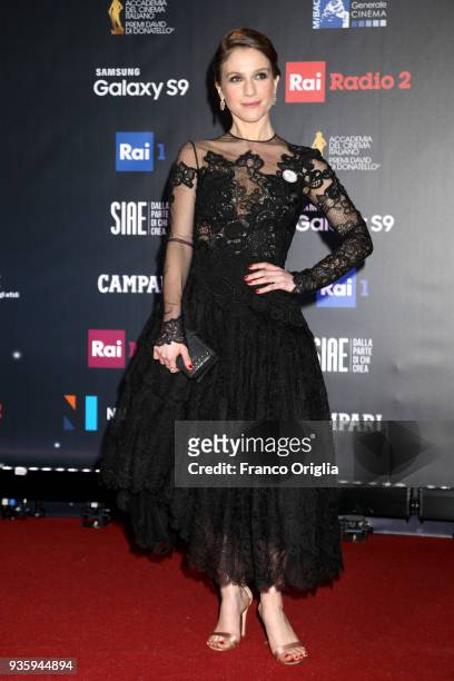 Isabella Ragonese walks a red carpet ahead of the 62nd David Di Donatello awards ceremony on March 21, 2018 in Rome, Italy.
