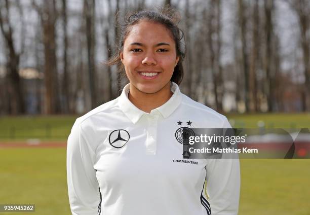 Gia Corley poses during the U17 Girl's Germany team presentation at Volksstadion on March 21, 2018 in Greifswald, Germany.