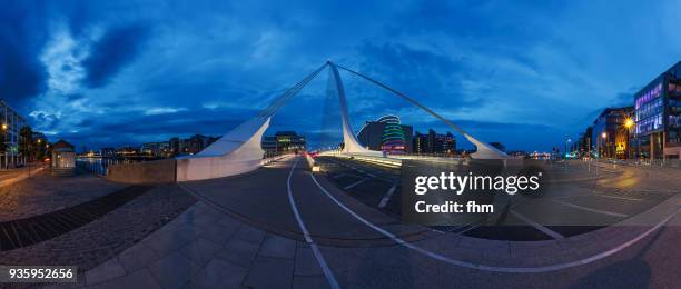 samuel beckett bridge with city skyline - panorama (dublin/ ireland) - convention centre dublin stock pictures, royalty-free photos & images