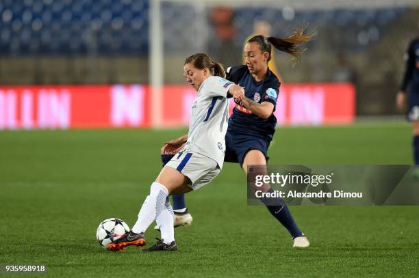 Francesca Kirby of Chelsea and Sandie Toletti of Montpellier during the women's Champions League match, round of 8, between Montpellier and Chelsea...