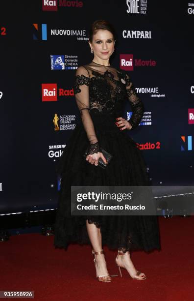 Isabella Ragonese walks a red carpet ahead of the 62nd David Di Donatello awards ceremony on March 21, 2018 in Rome, Italy.