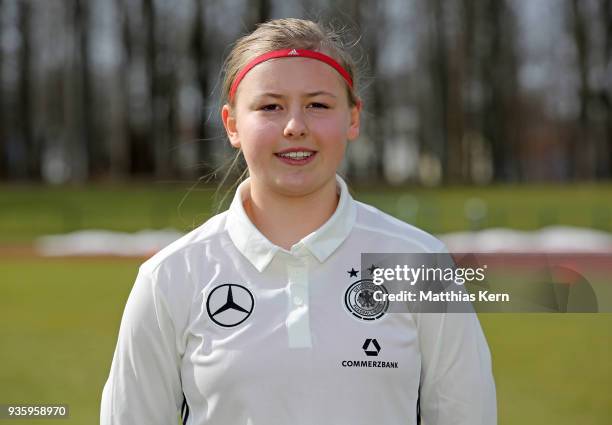 Vanessa Fudalla poses during the U17 Girl's Germany team presentation at Volksstadion on March 21, 2018 in Greifswald, Germany.