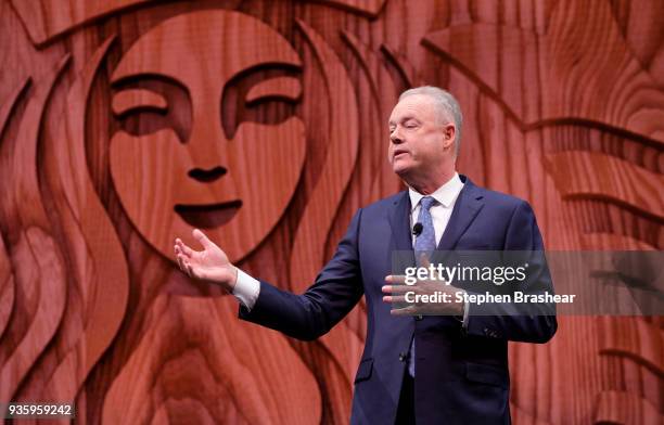 Starbucks CEO Kevin Johnson speaks during the Starbucks annual shareholders meeting at McCaw Hall on March 21, 2018 in Seattle, Washington. The...