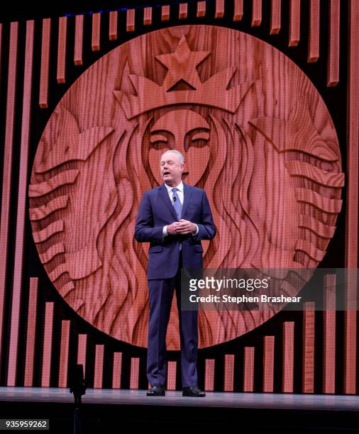 Starbucks CEO Kevin Johnson speaks during the Starbucks annual shareholders meeting at McCaw Hall on March 21, 2018 in Seattle, Washington. The...