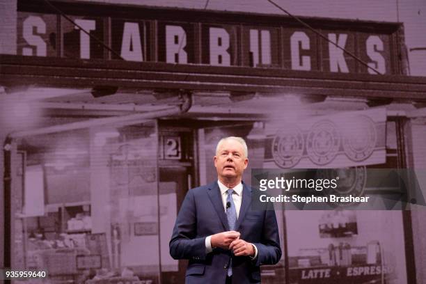 Starbucks CEO Kevin Johnson speaks during the Starbucks' annual shareholders meeting at McCaw Hall on March 21, 2018 in Seattle, Washington. The...