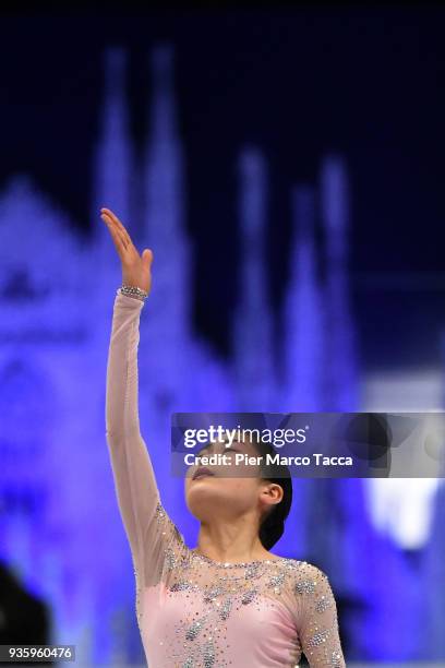 Satoko Miyahara of Japan competes in the Ladies Short Program on day one of the World Figure Skating Championships at the Mediolanum Forum on March...