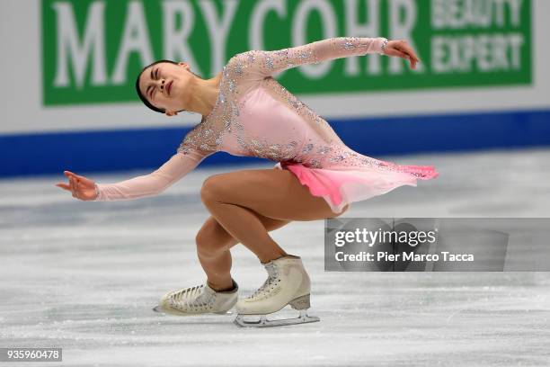 Satoko Miyahara of Japan competes in the Ladies Short Program on day one of the World Figure Skating Championships at the Mediolanum Forum on March...