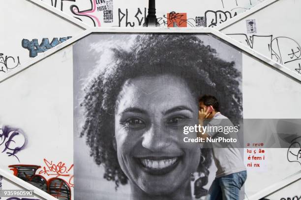 Big collage with photo of Deputy Mayor of Rio de Janeiro Marielle Franco, is seen in the stairwell of Cristiano Viana Street, in the neighborhood of...