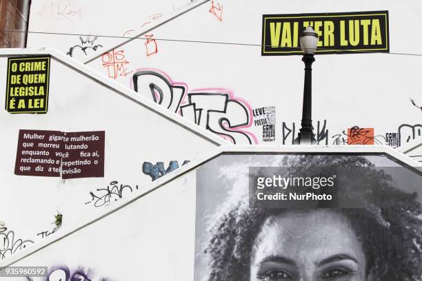 Big collage with photo of Deputy Mayor of Rio de Janeiro Marielle Franco, is seen in the stairwell of Cristiano Viana Street, in the neighborhood of...