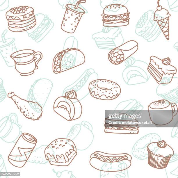 ilustraciones, imágenes clip art, dibujos animados e iconos de stock de alimentos y bebidas arte icono fondos sin fisuras patrón de línea - hamburguesa