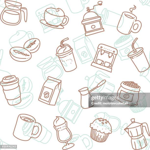 cafe line art icon seamless wallpaper pattern - muffin stock illustrations