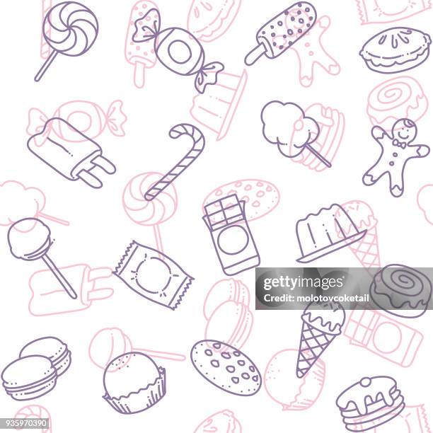 ilustraciones, imágenes clip art, dibujos animados e iconos de stock de patrón de fondo transparente de caramelo línea arte icono - postre