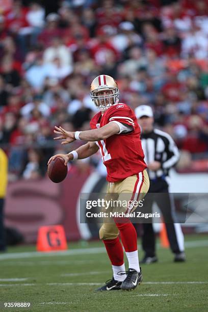 Alex Smith of the San Francisco 49ers passes the ball during the NFL game against the Jacksonville Jaguars at Candlestick Park on November 29, 2009...