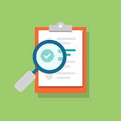 Clipboard icon and magnifying glass. Confirmed or approved document. Flat illustration isolated on color background.