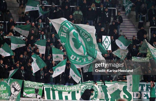 Fans of Fuerth during the second Bundesliga match between FC Erzgebirge Aue and SpVgg Greuther Fuerth at Sparkassen-Erzgebirgsstadion on March 19,...