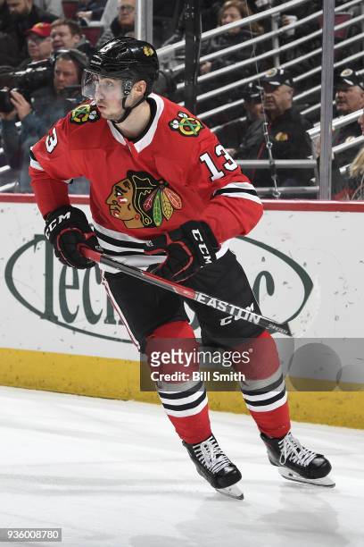 Tomas Jurco of the Chicago Blackhawks looks up the ice in the second period against the Ottawa Senators at the United Center on February 21, 2018 in...