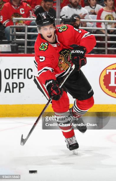 Connor Murphy of the Chicago Blackhawks hits the puck in the first period against the San Jose Sharks at the United Center on February 23, 2018 in...