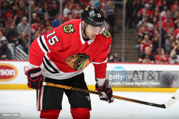 Artem Anisimov of the Chicago Blackhawks looks across the ice in the second period against the San Jose Sharks at the United Center on February 23,...