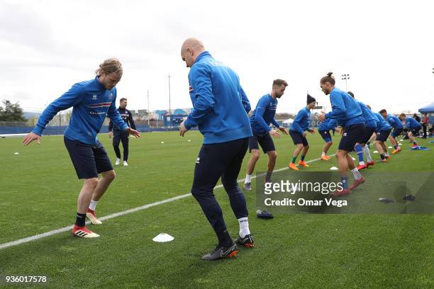 Birkir Bjarnason warms up during the Iceland National Team training session at CEFCU Stadium, formerly known as Spartan Stadium on March 21, 2018 in...