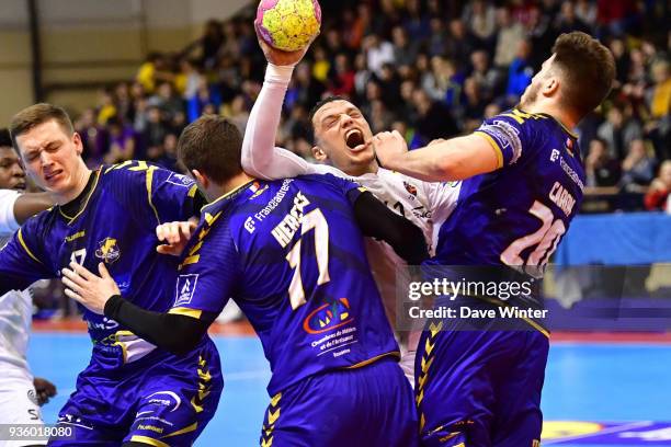 Johann Caron of Massy receives. Ared card for a supposed foul on Youssef Ben Ali of Ivry during the Lidl Starligue match between Massy and Ivry on...