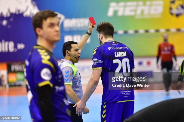 Johann Caron of Massy receives. Ared card for a supposed foul on Youssef Ben Ali of Ivry during the Lidl Starligue match between Massy and Ivry on...