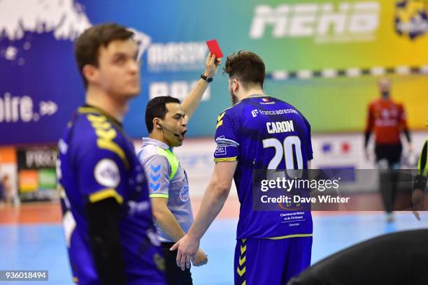 Johann Caron of Massy receives. Ared card for a supposed foul on Youssef Ben Ali of Ivry during the Lidl Starligue match between Massy and Ivry on...