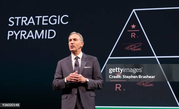 Starbucks Executive Chairman Howard Schultz speaks during the Starbucks Annual Shareholders Meeting at McCaw Hall, on March 21, 2018 in Seattle,...