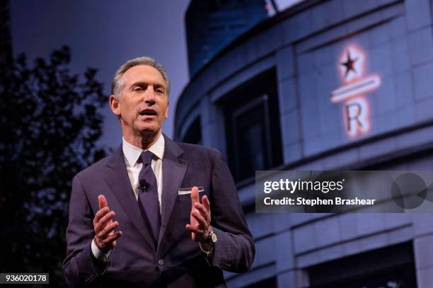 Starbucks Executive Chairman Howard Schultz speaks during the Starbucks Annual Shareholders Meeting at McCaw Hall, on March 21, 2018 in Seattle,...