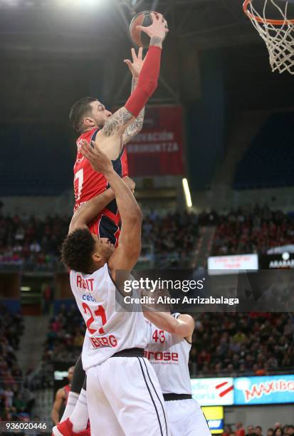 Vincent Poirier, #17 of Baskonia Vitoria Gasteiz competes with Augustine Rubit, #21 of Brose Bamberg during the Turkish Airlines EuroLeague Regular...