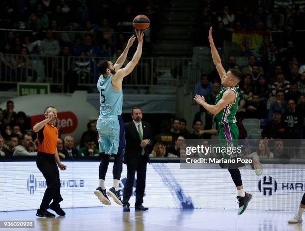 Pau Ribas, #5 of FC Barcelona Lassa in action during the 2017/2018 Turkish Airlines EuroLeague Regular Season Round 27 game between Unicaja Malaga...