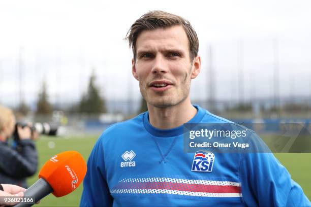 Theódór Elmar Bjarnason speaks to the press during the Iceland National Team training session at CEFCU Stadium, formerly known as Spartan Stadium on...