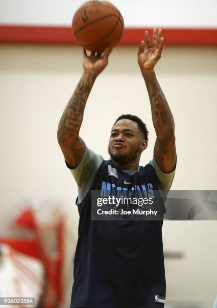 Ben McLemore of the Memphis Grizzlies shoots the ball during a team practice on March 20, 2018 at Temple University in Philadelphia, Pennsylvania....