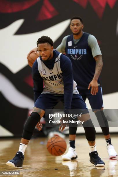 Ben McLemore of the Memphis Grizzlies handles the ball during a team practice on March 20, 2018 at Temple University in Philadelphia, Pennsylvania....