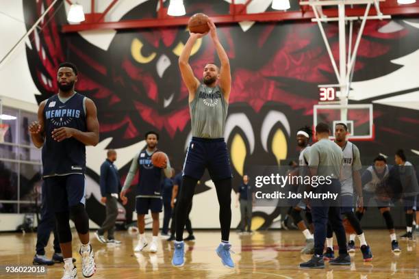 Chandler Parsons of the Memphis Grizzlies shoots the ball during a team practice on March 20, 2018 at Temple University in Philadelphia,...