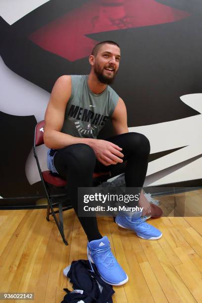 Chandler Parsons of the Memphis Grizzlies looks on during a team practice on March 20, 2018 at Temple University in Philadelphia, Pennsylvania. NOTE...