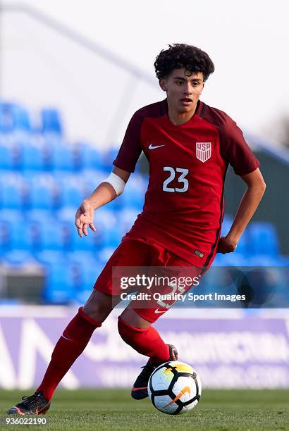 Richie Ledezma of USA runs with the ball during the international friendly match between France U20 and USA U20 at Pinatar Arena on March 21, 2018 in...