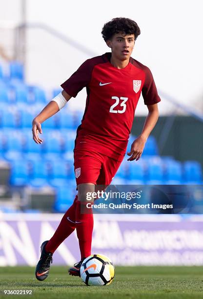 Richie Ledezma of USA runs with the ball during the international friendly match between France U20 and USA U20 at Pinatar Arena on March 21, 2018 in...