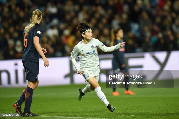 So Yun Li of Chelsea celebrates his Goal during the women's Champions League match, round of 8, between Montpellier and Chelsea on March 21, 2018 in...