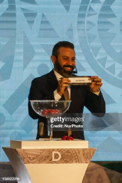 Former Zamalek midfielder Hazem Emam assist CAF Deputy General Secretary Anthony Baffoe to conduct the draw on Wednesday, 21 March 2018 in Cairo,...