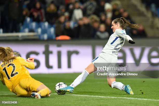 Ramona Bachmann of Chelsea and Casey Murphy of Montpellier during the women's Champions League match, round of 8, between Montpellier and Chelsea on...