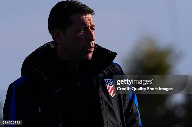 Tab Ramos, Manager of USA looks on during the international friendly match between France U20 and USA U20 at Pinatar Arena on March 21, 2018 in...