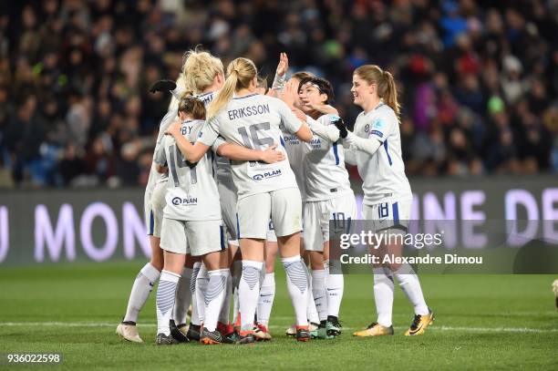 Team of Chelsea celebrates the second Goal during the women's Champions League match, round of 8, between Montpellier and Chelsea on March 21, 2018...