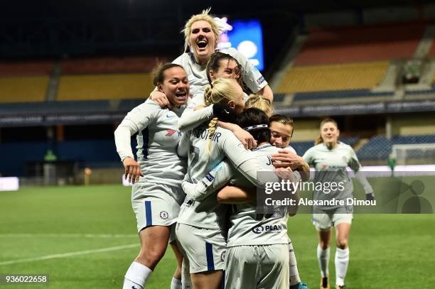 Team of Chelsea celebrates the First Goal during the women's Champions League match, round of 8, between Montpellier and Chelsea on March 21, 2018 in...